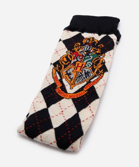 meia cano alto xadrez argyle harry potter preta