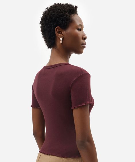 blusa baby look feminina manga curta canelada vinho