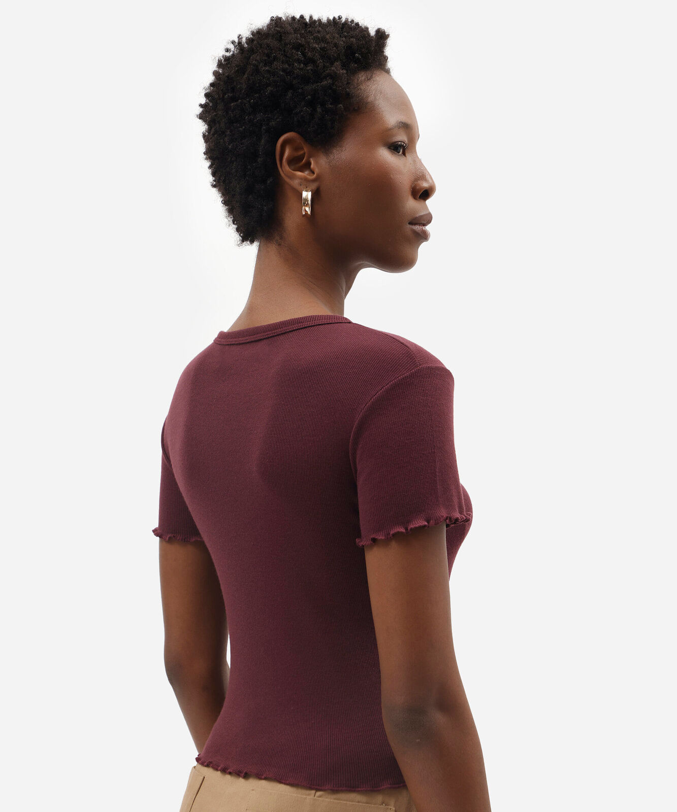 blusa baby look feminina manga curta canelada vinho