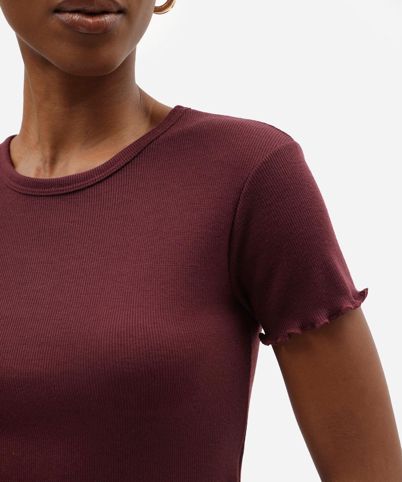 blusa baby look feminina manga curta canelada vinho