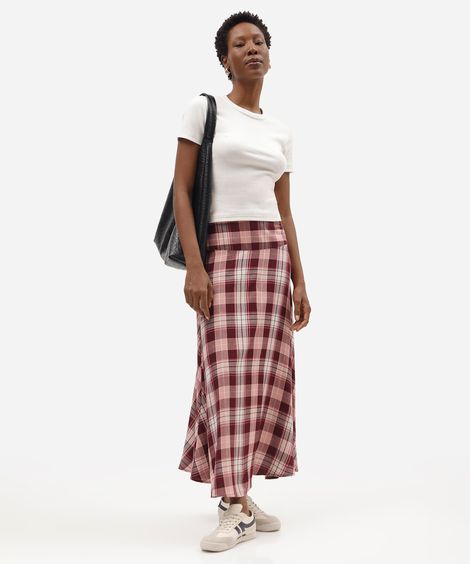 saia midi feminina de viscose com recorte xadrez colorida