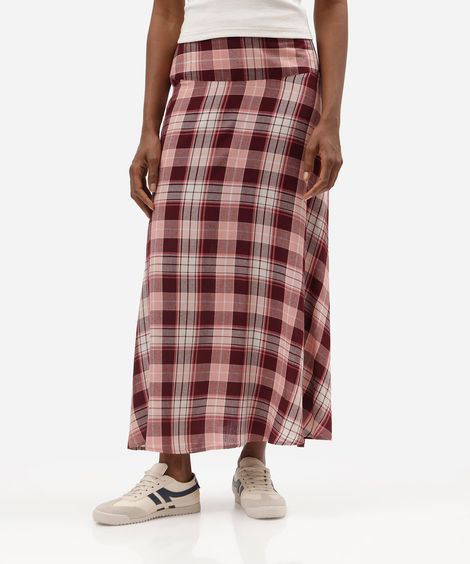 saia midi feminina de viscose com recorte xadrez colorida