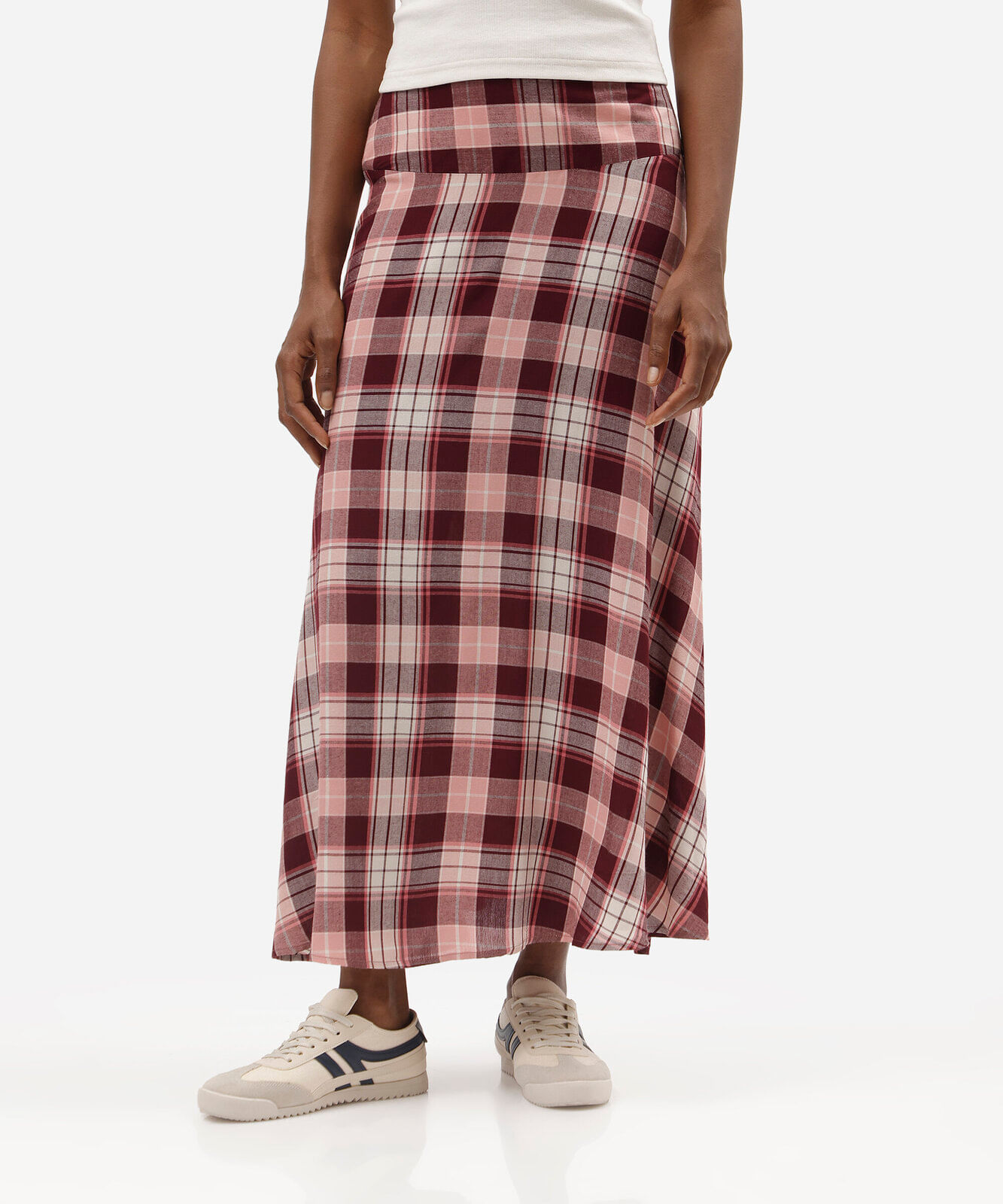 saia midi feminina de viscose com recorte xadrez colorida