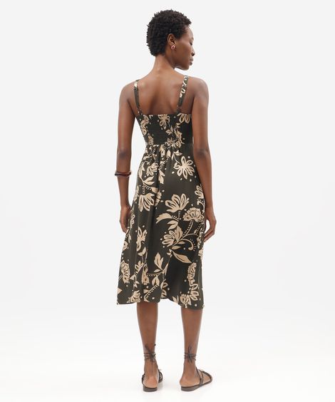 vestido midi feminino de viscose decote quadrado com fenda floral verde