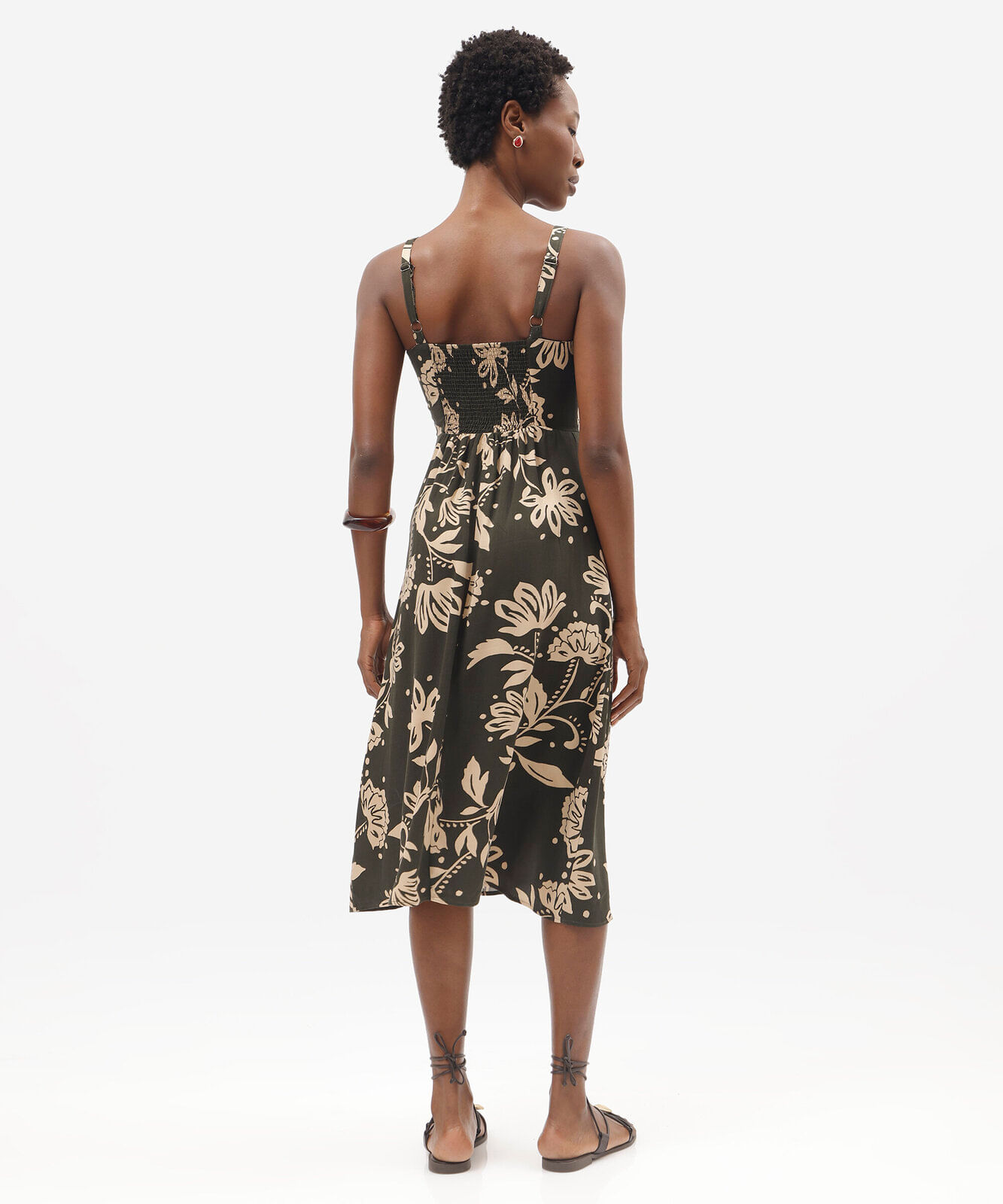 vestido midi feminino de viscose decote quadrado com fenda floral verde