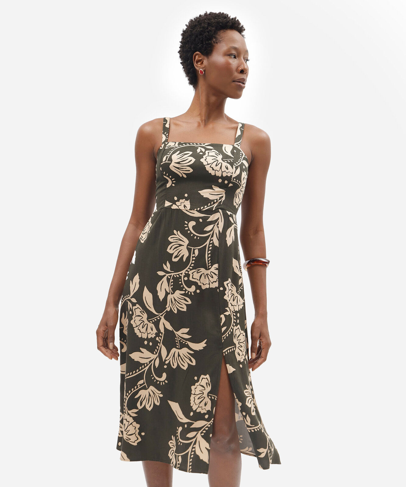 vestido midi feminino de viscose decote quadrado com fenda floral verde