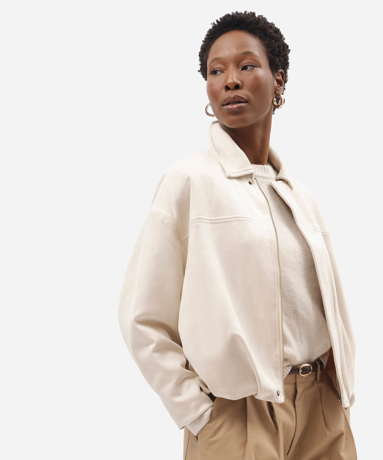 jaqueta balonê oversized feminina de suede bege