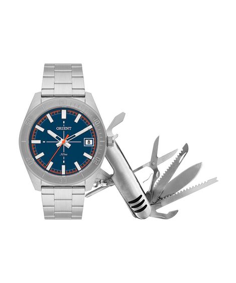 kit relógio masculino orient analógico calendário mbss1529 kah3d1sx prateado