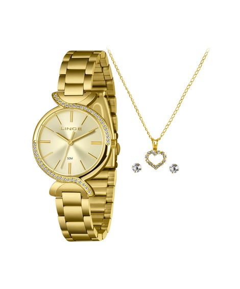 kit relógio feminino lince analógico lrgh258l33 kaf2c1kx dourado
