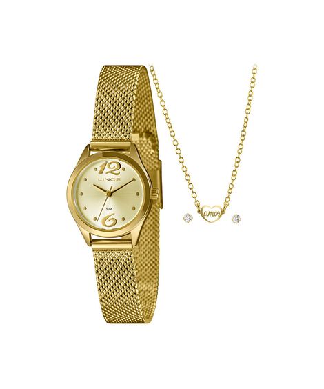 kit relógio feminino lince analógico lrgh005l25 kaftc2kx dourado