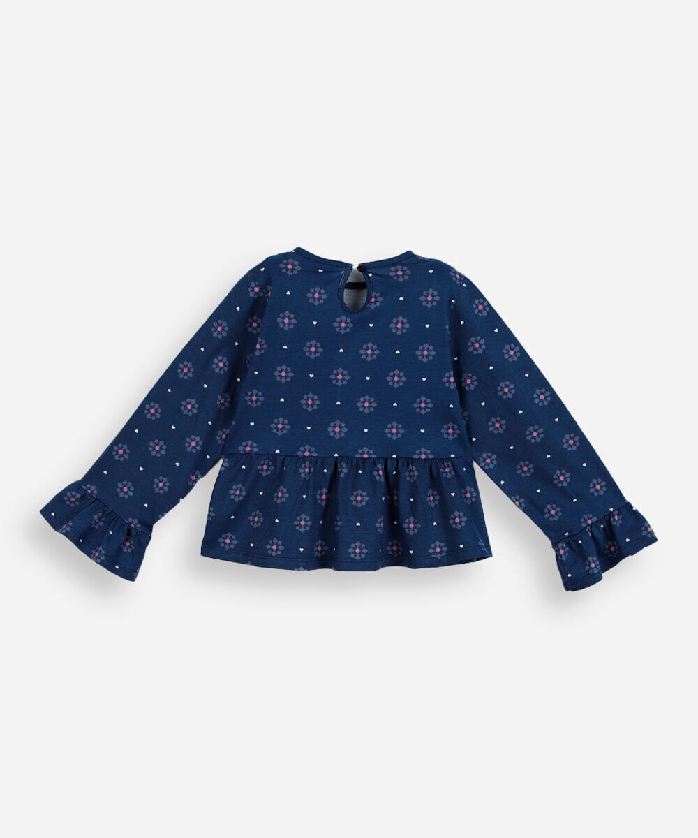 bata infantil de algodão manga longa com recorte floral azul