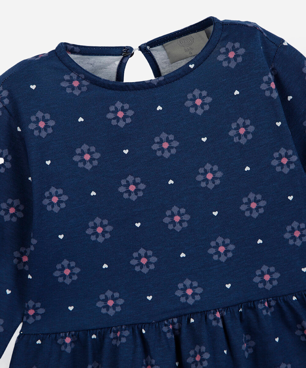 bata infantil de algodão manga longa com recorte floral azul