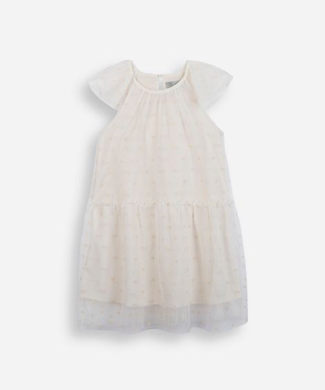 vestido infantil de tule com recorte poá off white