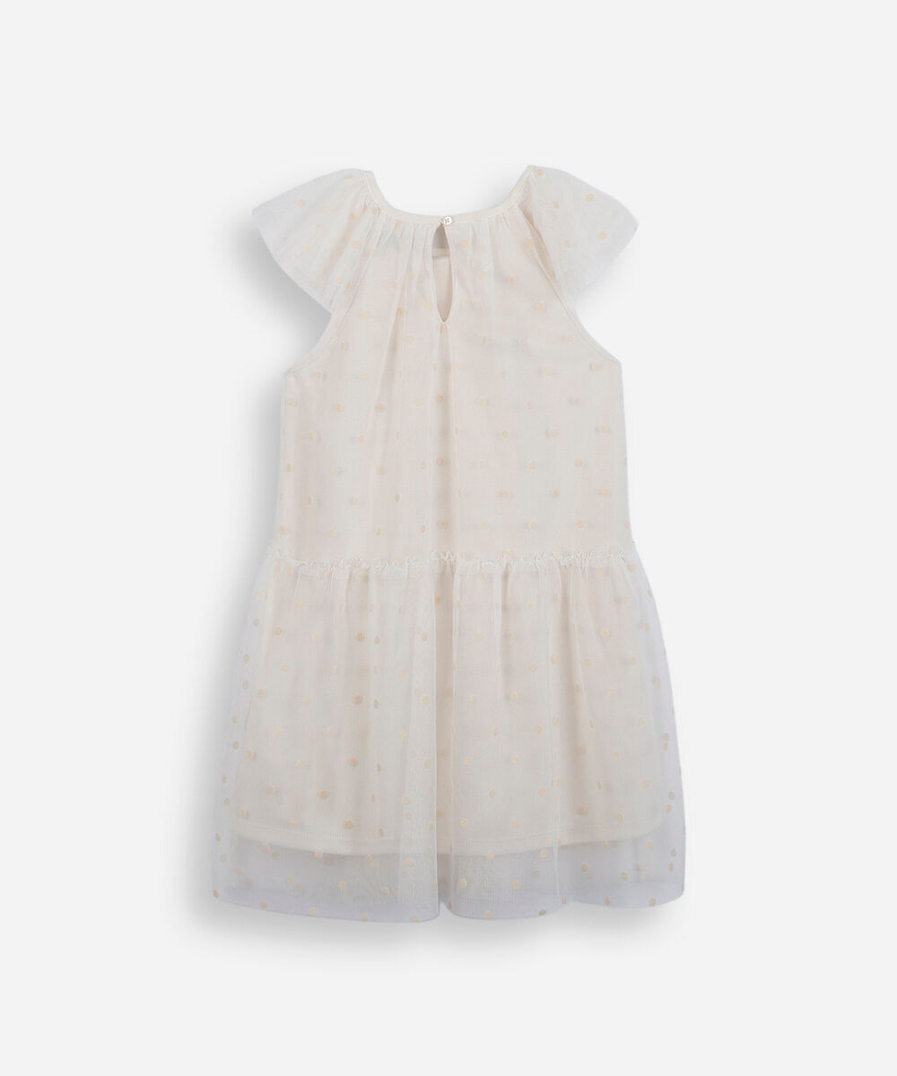 vestido infantil de tule com recorte poá off white