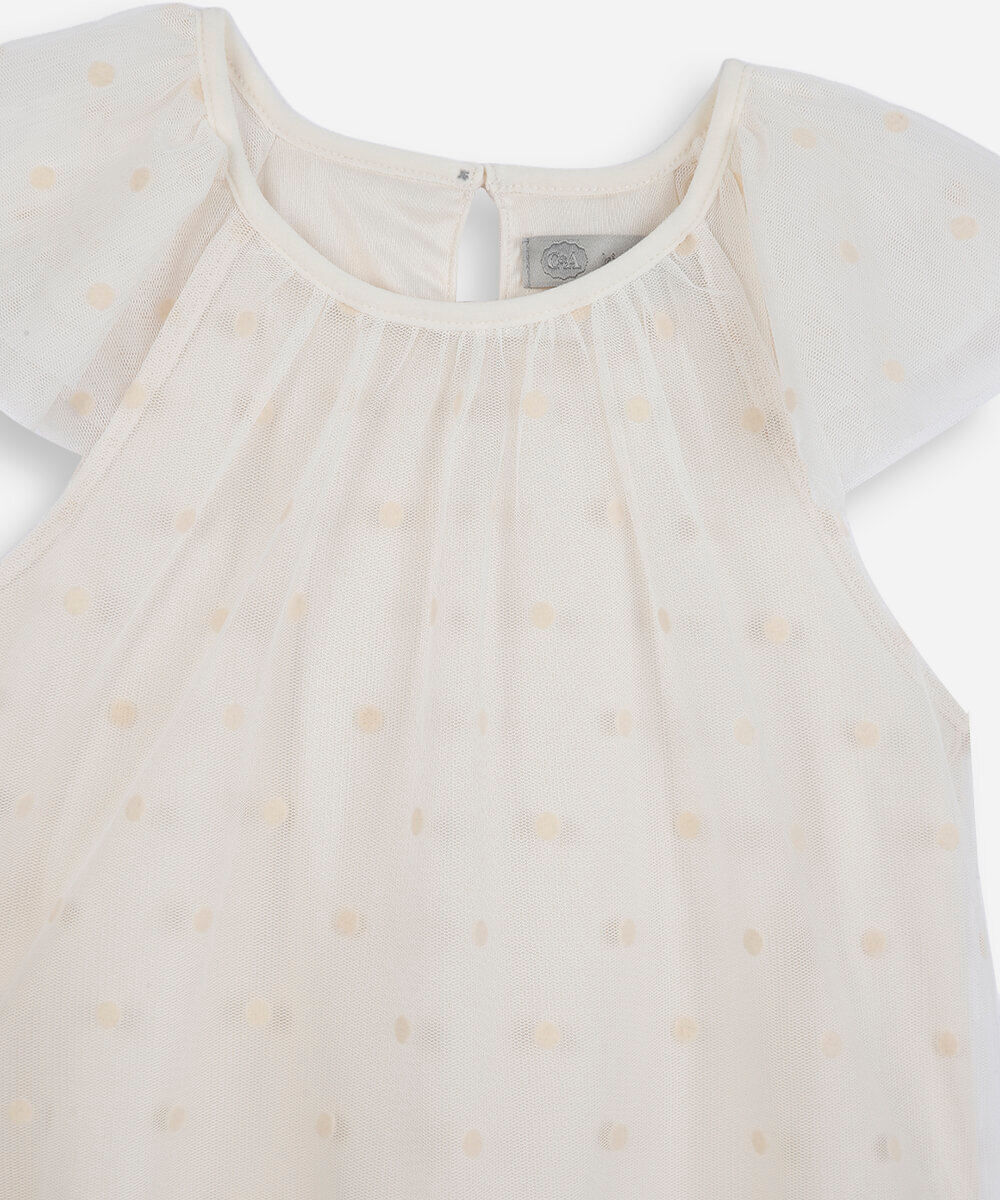 vestido infantil de tule com recorte poá off white