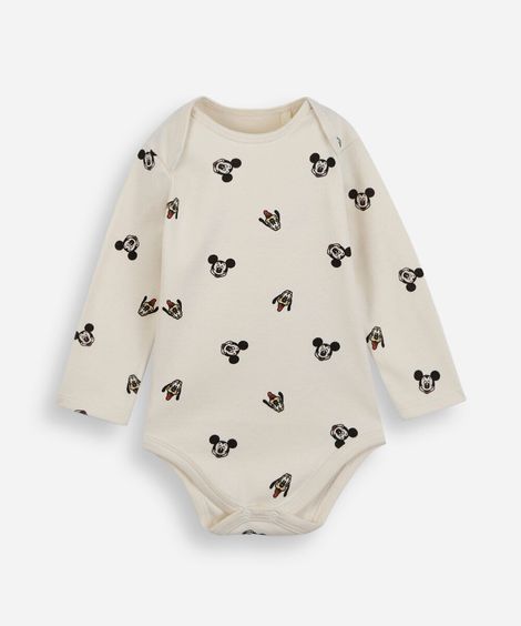 body infantil de algodão manga longa mickey bege