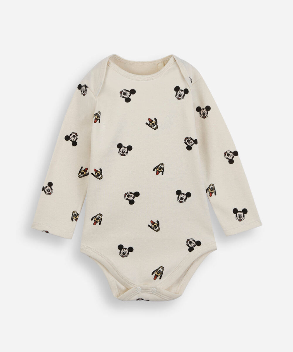 body infantil de algodão manga longa mickey bege