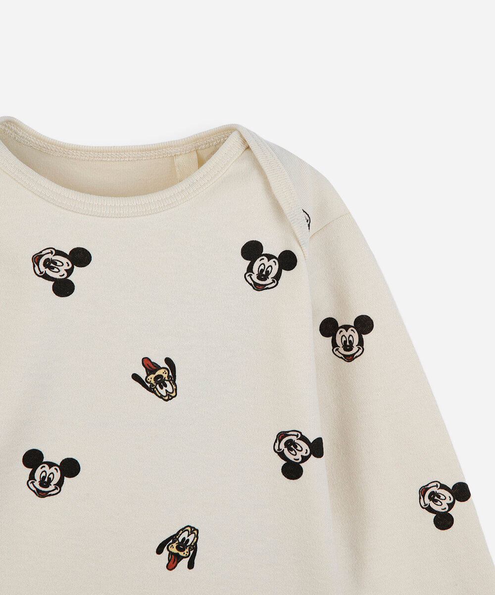 body infantil de algodão manga longa mickey bege