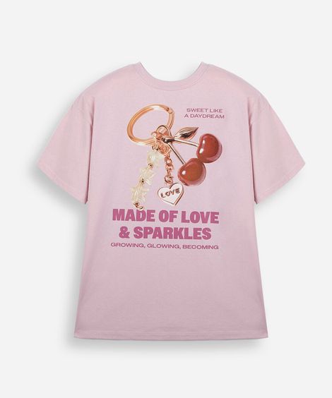 camiseta juvenil de algodão manga curta estampada rosa