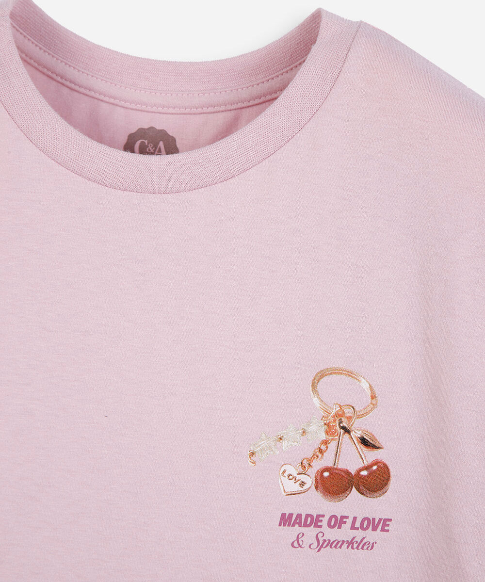 camiseta juvenil de algodão manga curta estampada rosa