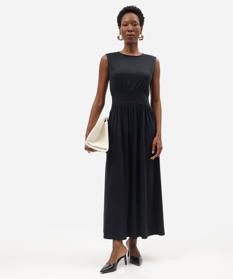 vestido midi feminino de algodão com recorte franzido preto