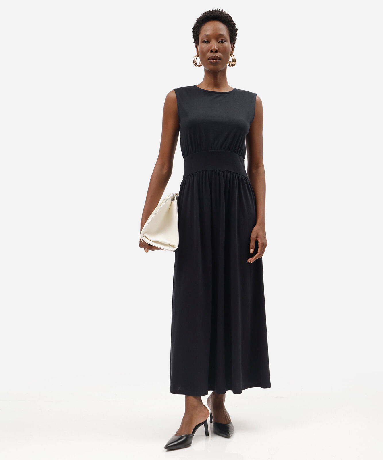 vestido midi feminino de algodão com recorte franzido preto