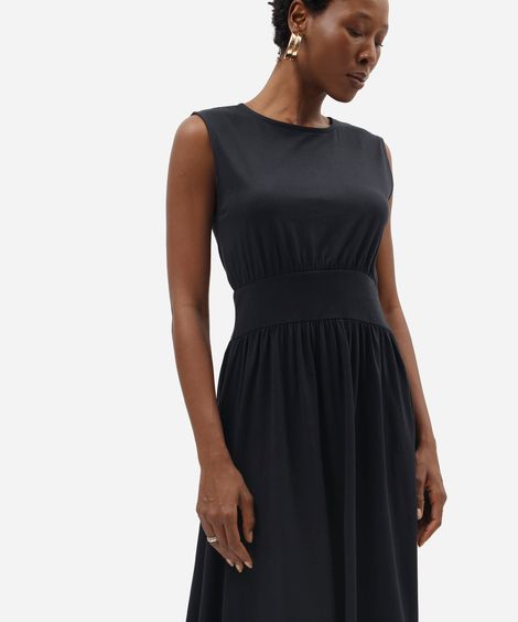 vestido midi feminino de algodão com recorte franzido preto