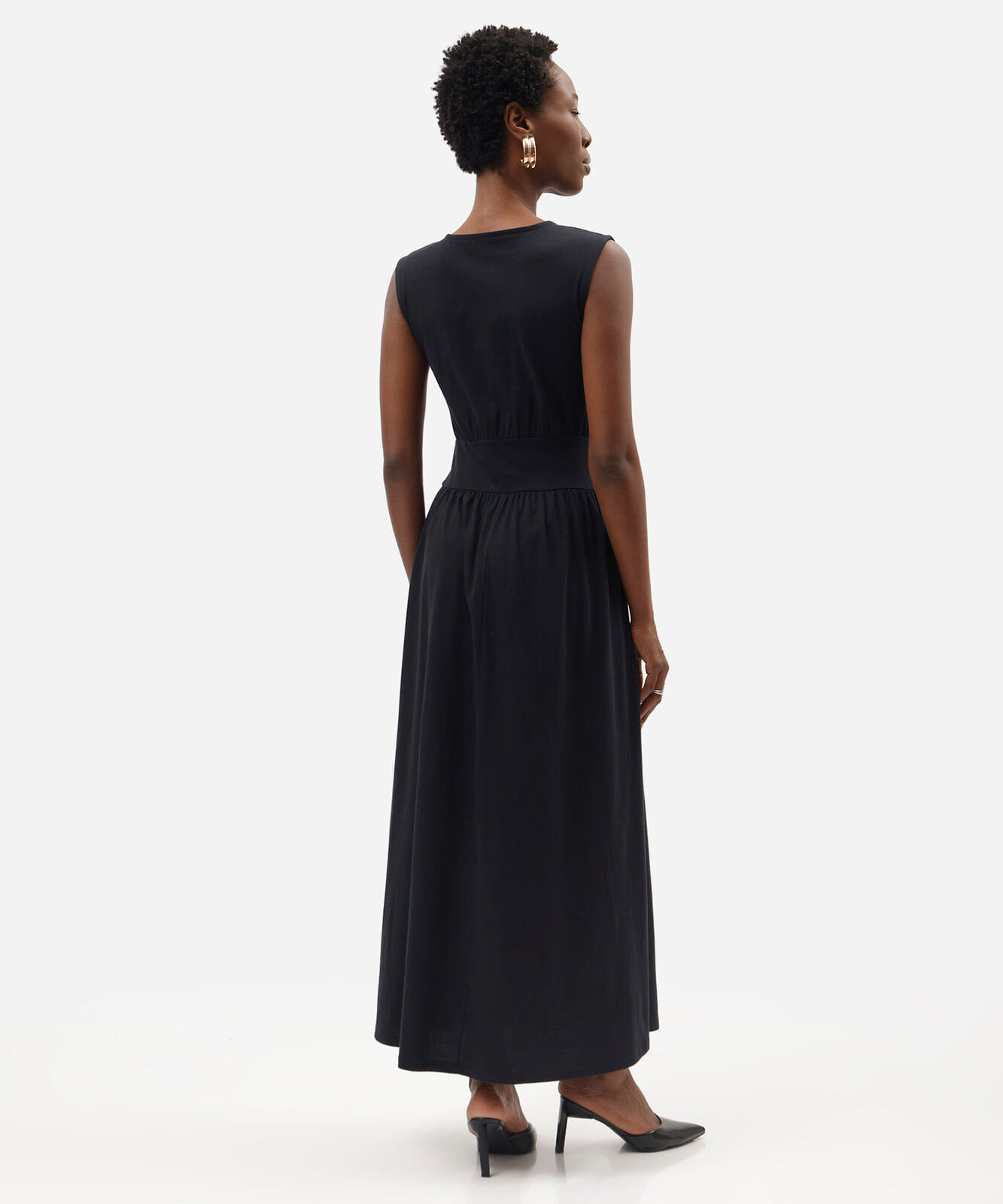 vestido midi feminino de algodão com recorte franzido preto
