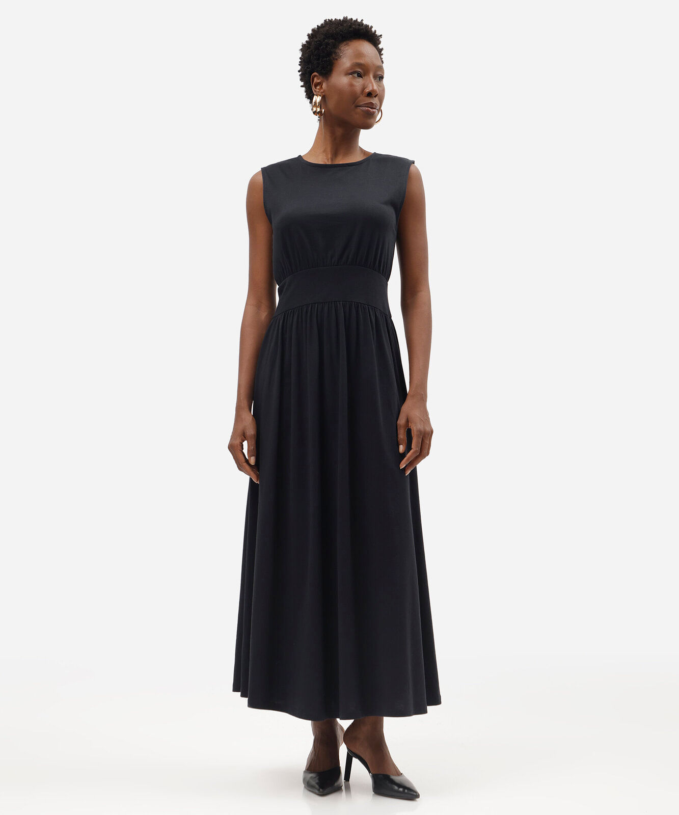 vestido midi feminino de algodão com recorte franzido preto