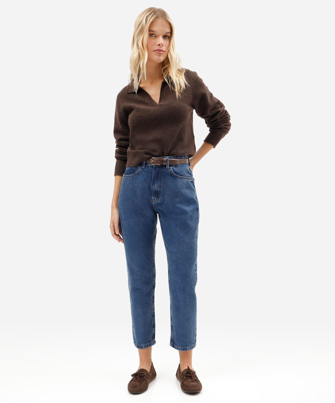 calça mom feminina jeans cintura alta azul