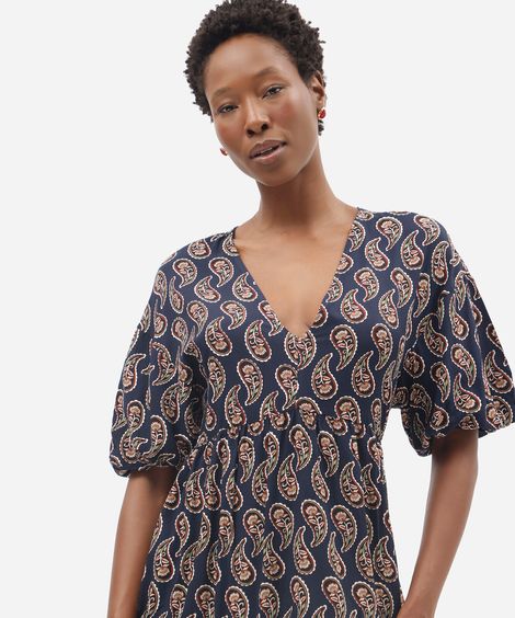 vestido curto feminino de viscose decote v manga bufante paisley azul