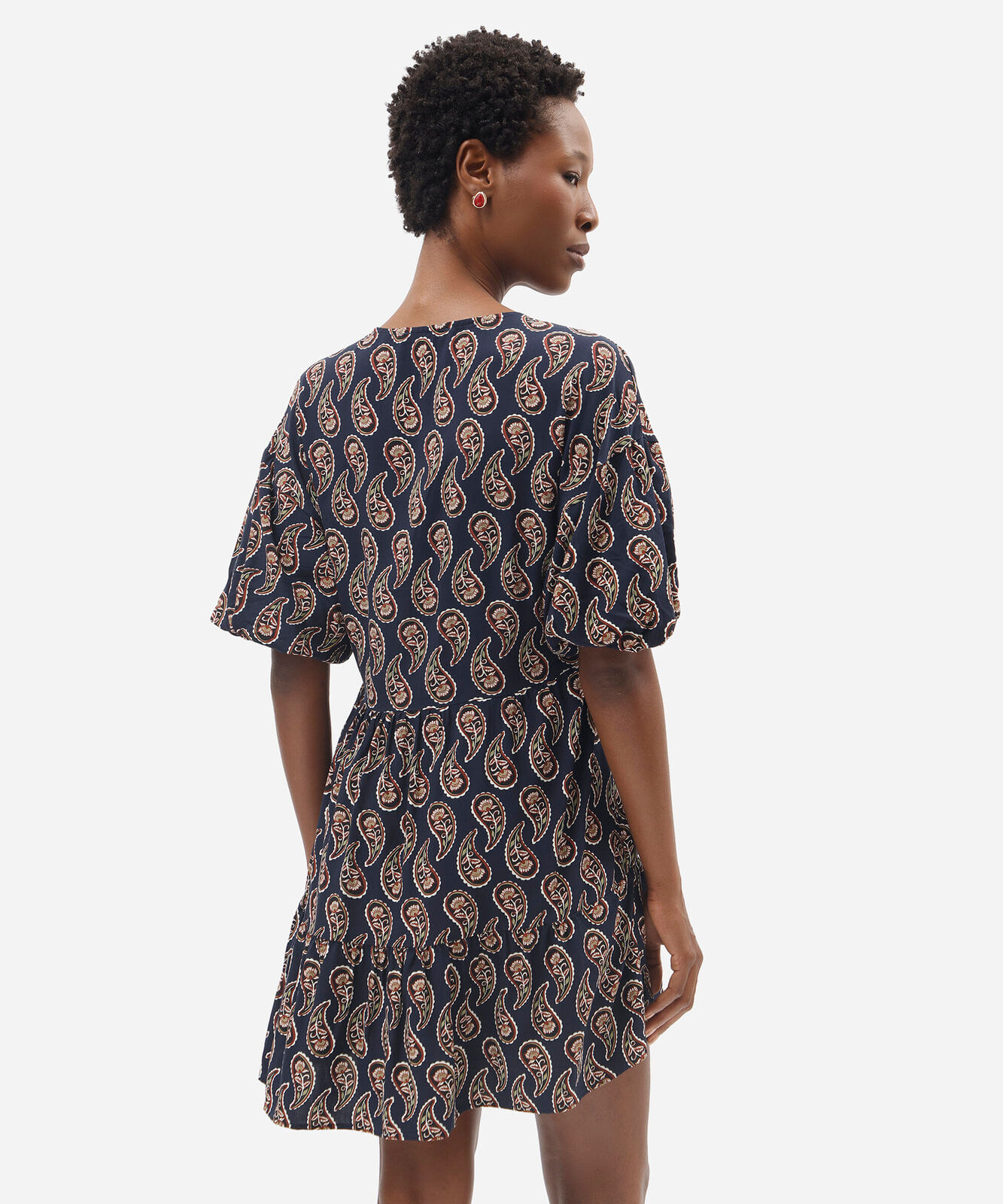 vestido curto feminino de viscose decote v manga bufante paisley azul