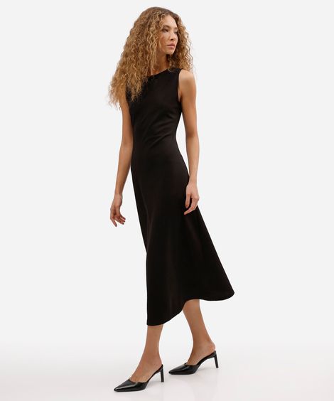 vestido midi feminino decote redondo preto