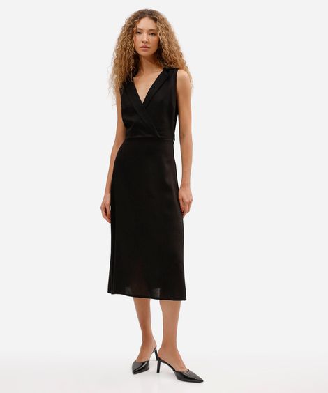 vestido midi feminino com linho decote v preto