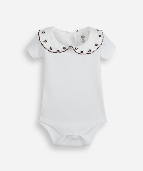 body infantil em malha com gola boneca bordado off white