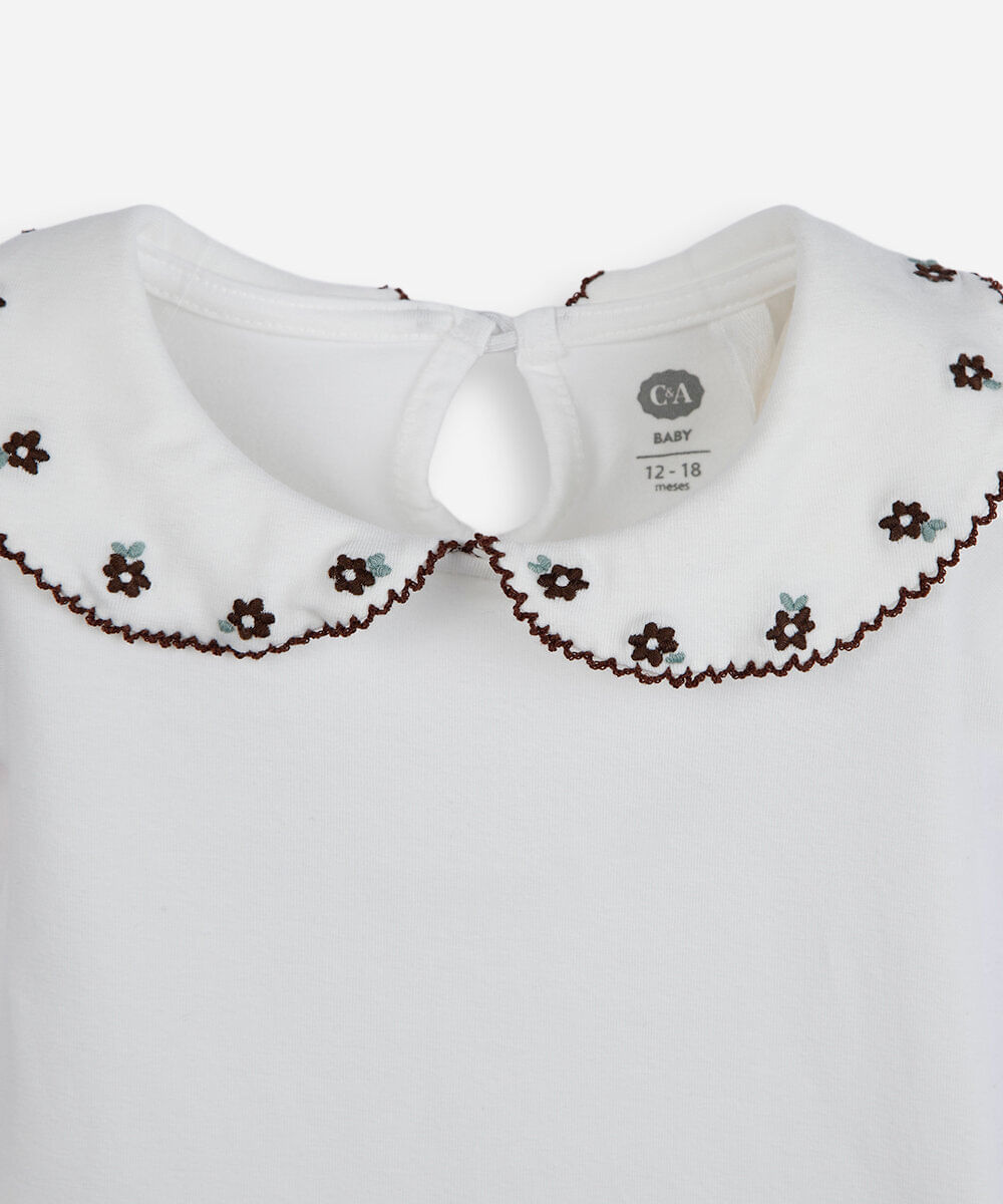body infantil em malha com gola boneca bordado off white