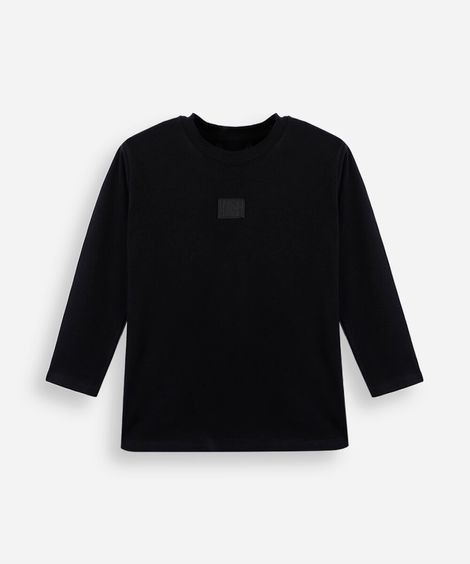 camiseta infantil manga longa com etiqueta emborrachada preta