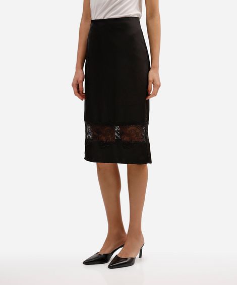saia midi feminina com renda acetinada preta