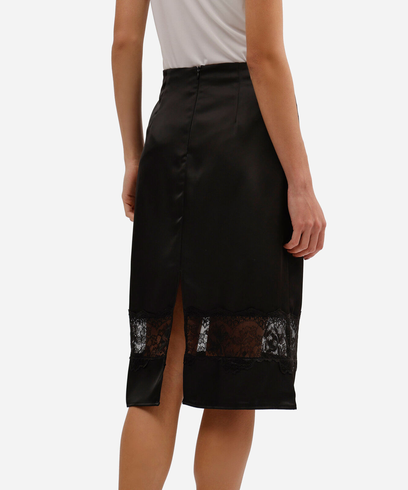 saia midi feminina com renda acetinada preta