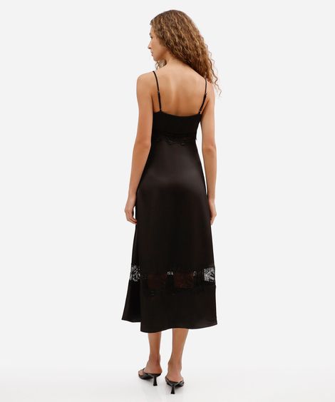 vestido slip dress feminino com renda acetinado preto