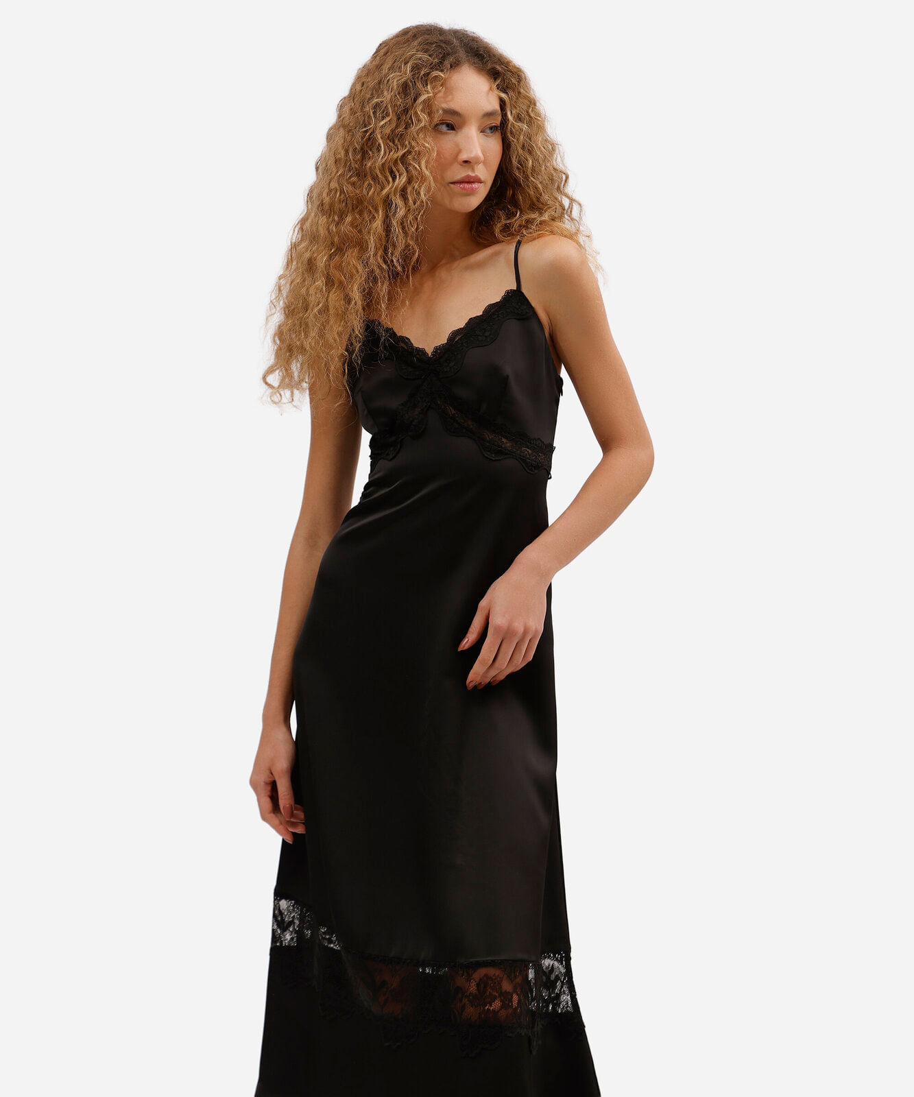 vestido slip dress feminino com renda acetinado preto