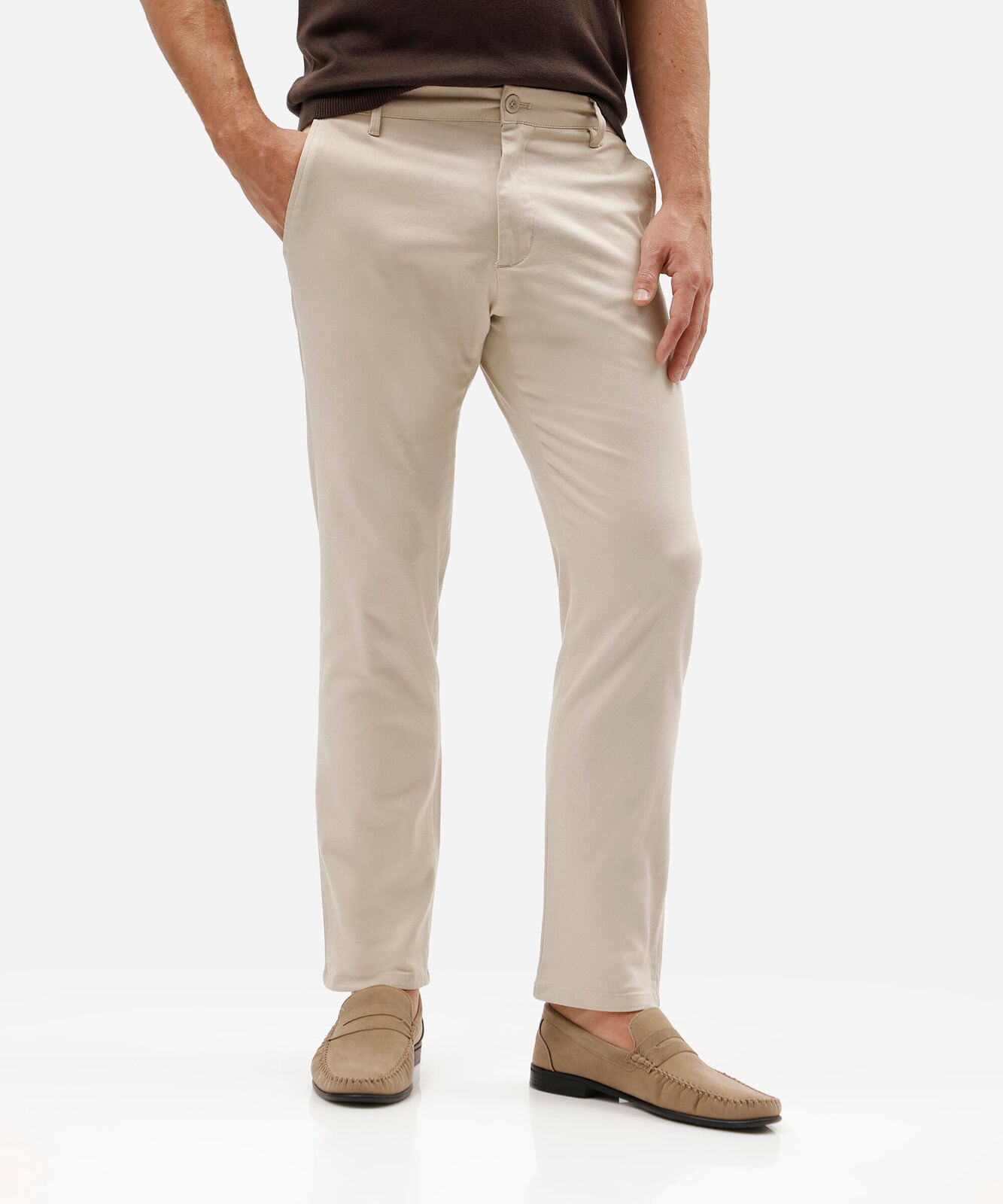 calça slim masculina de sarja com cinto bege