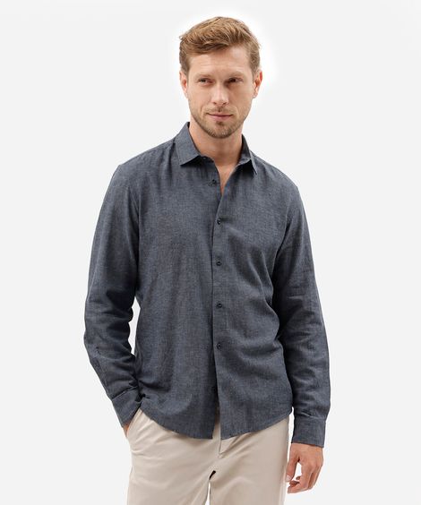 camisa masculina com linho manga longa azul