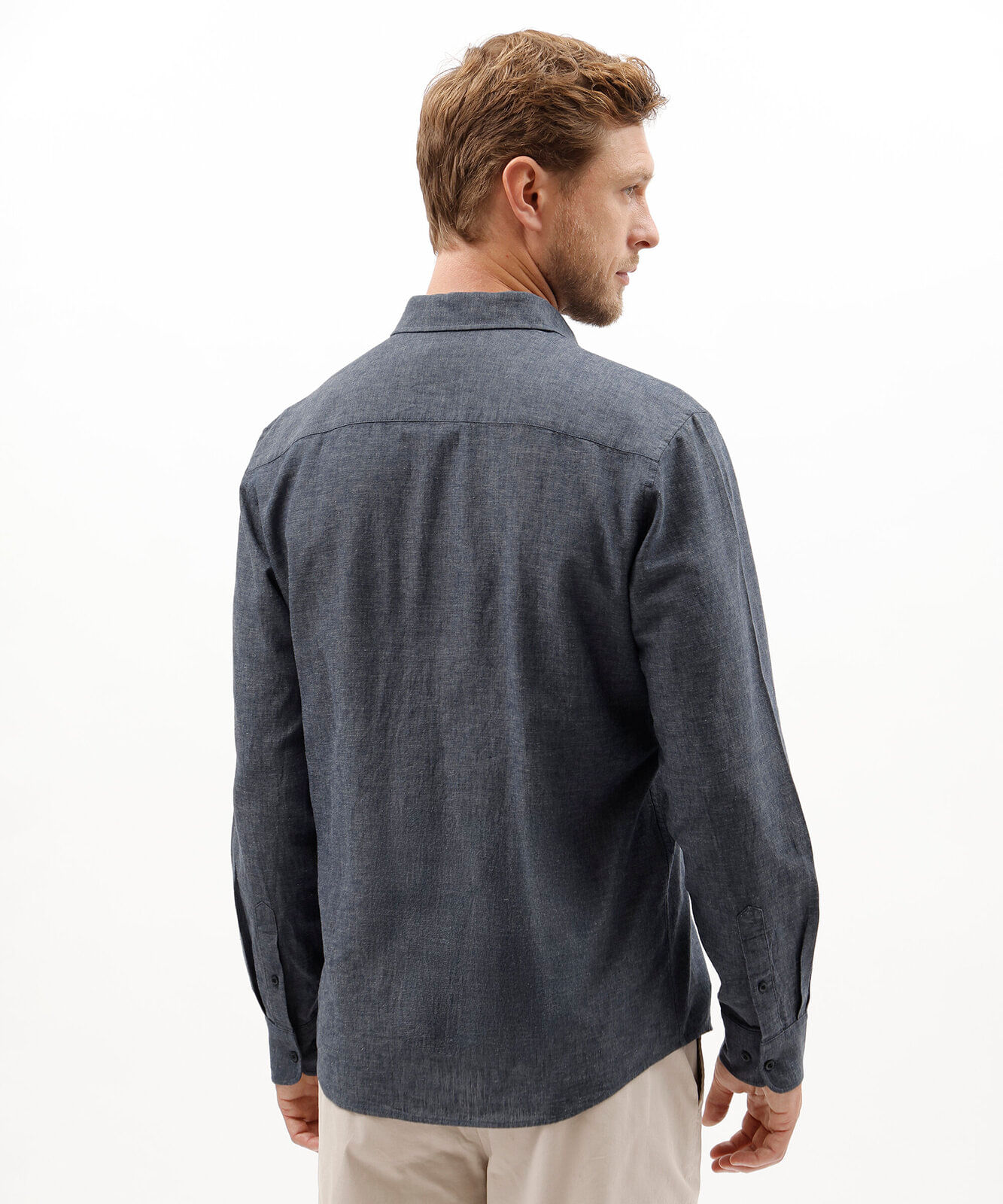 camisa masculina com linho manga longa azul