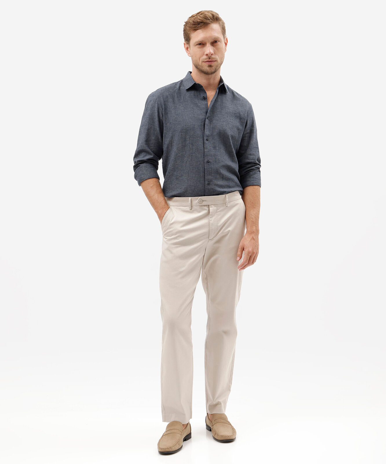 camisa masculina com linho manga longa azul