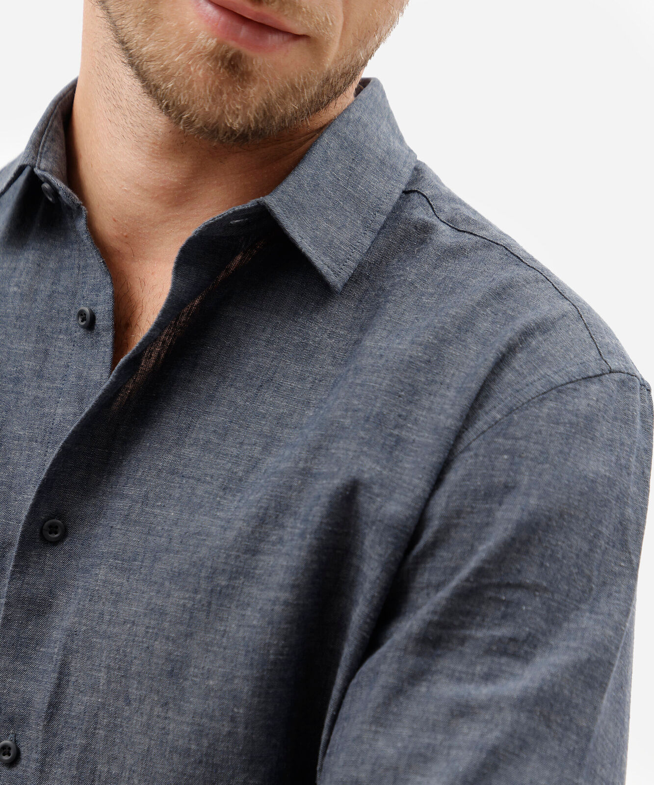 camisa masculina com linho manga longa azul
