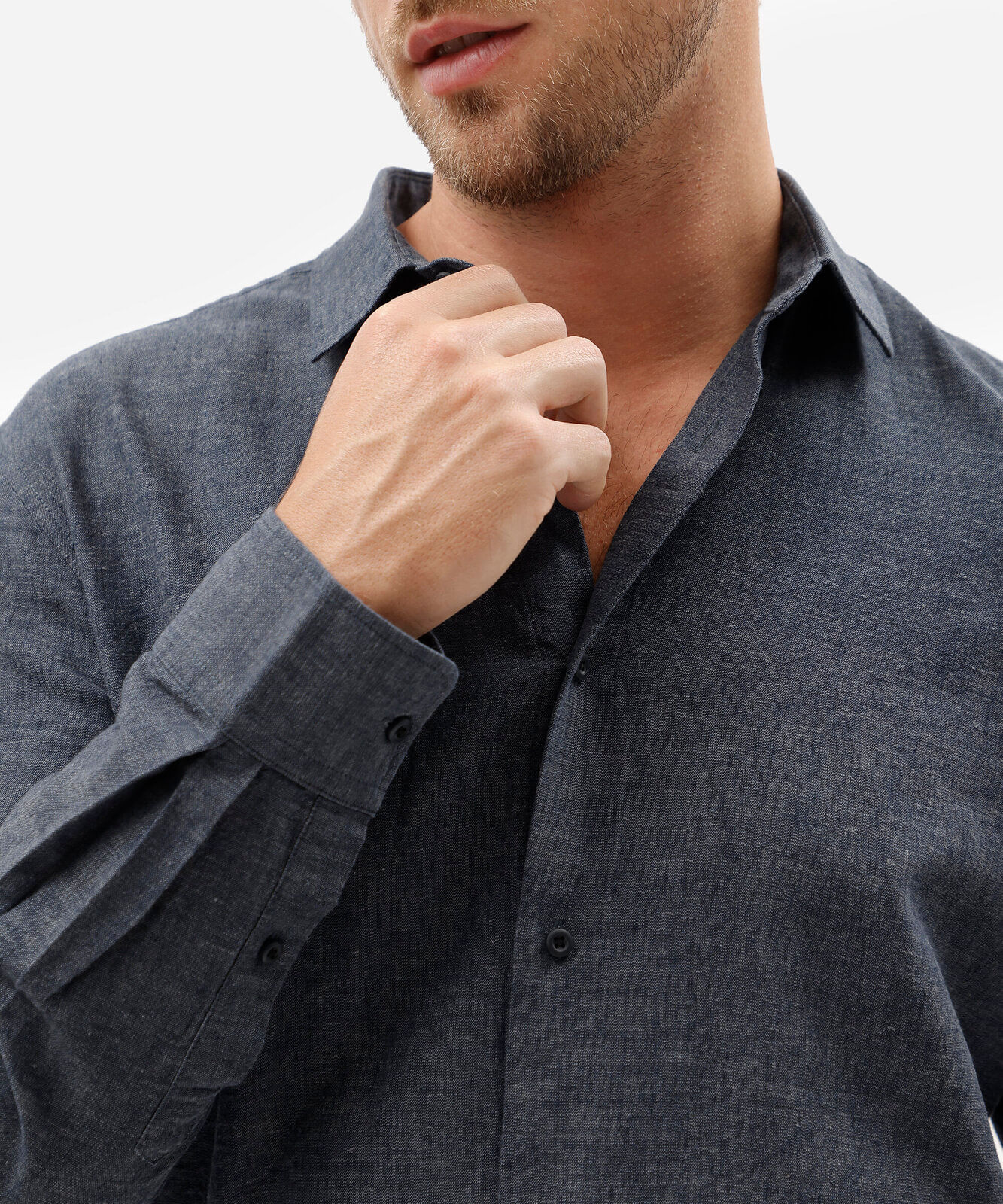 camisa masculina com linho manga longa azul