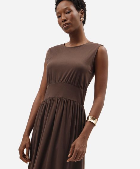 vestido midi feminino de algodão com recorte franzido marrom