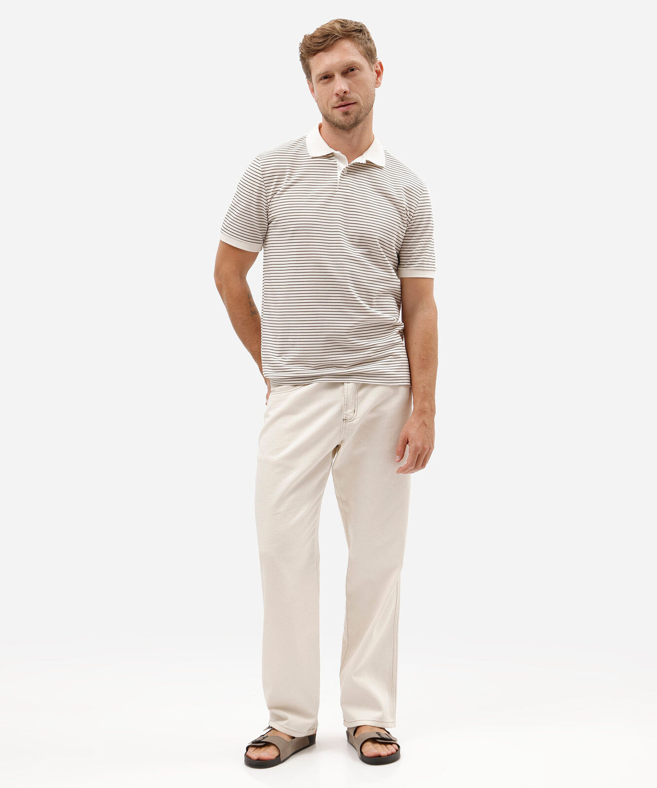 polo comfort masculina manga curta listrada bege