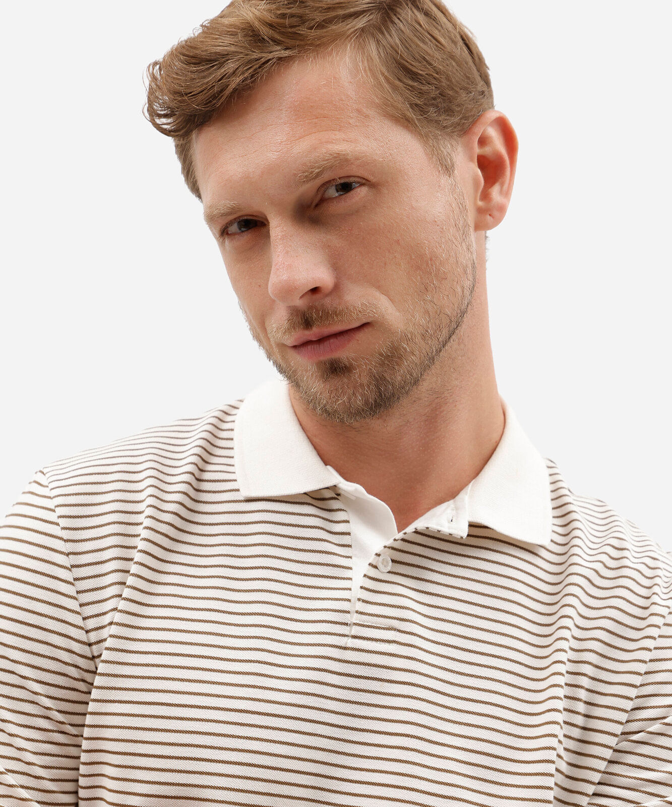 polo comfort masculina manga curta listrada bege